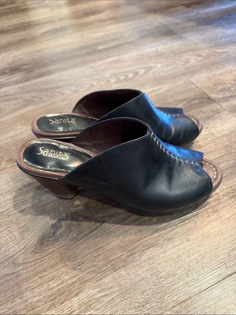 Sanita Baja Black Leather Peep Toe Mule Block Heels Size 41, US 10